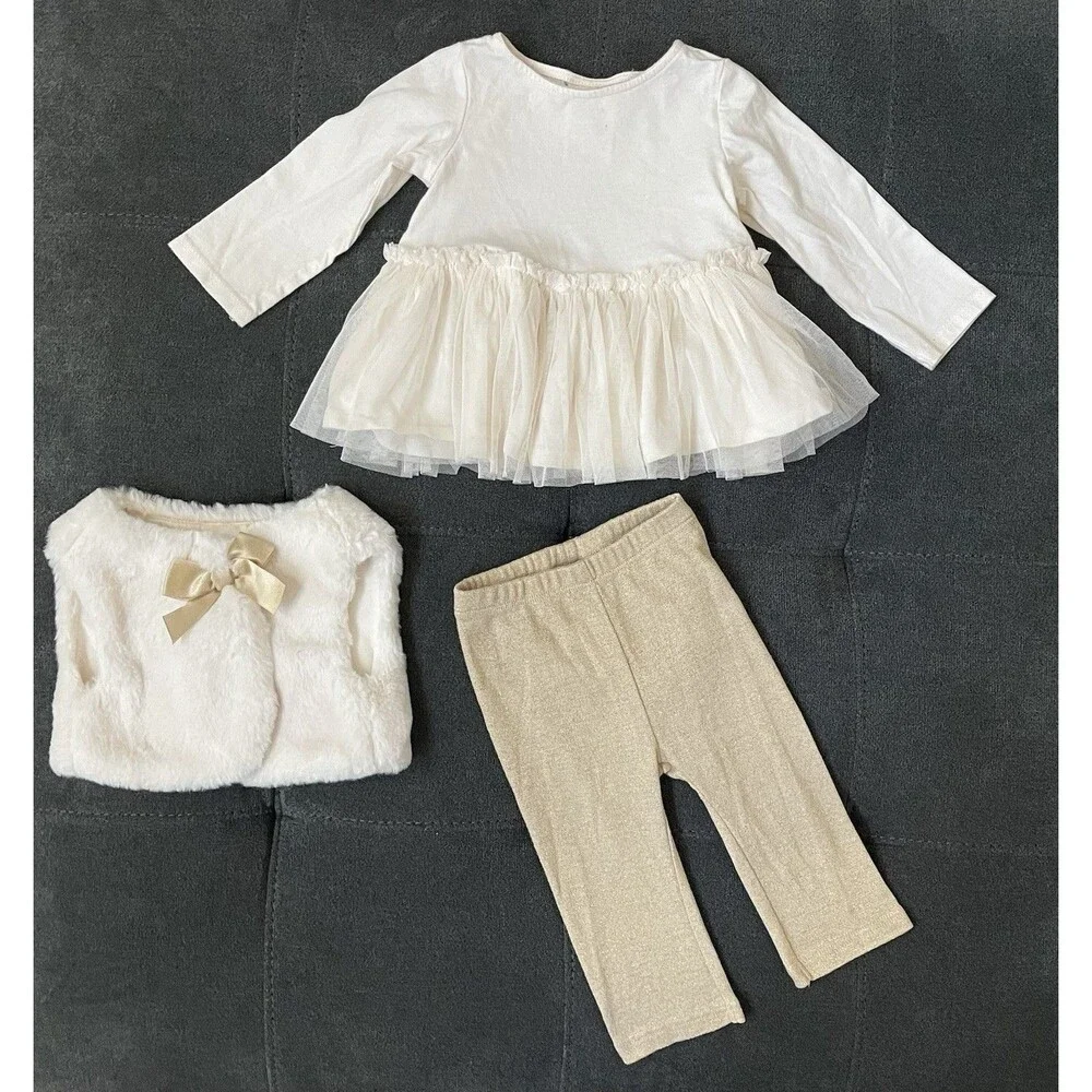 First Impressions Baby Girl 6/9M 3 Piece Cream Colored/Gold Faux Fur Vest Set